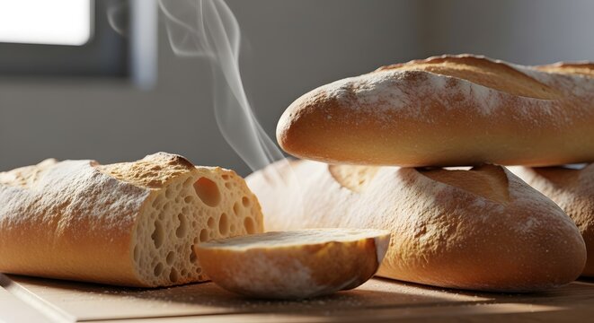 Freshly baked crusty bread with rising steam