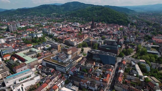 Aerial view beside the old town of the city Freiburg im Breisgau, in Germany on a sunny spring noon