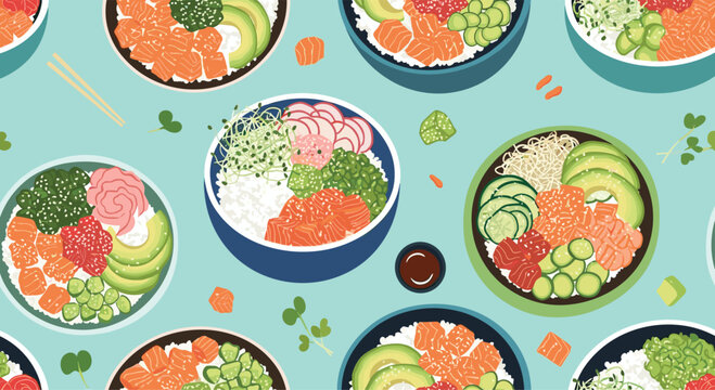 Seamless pattern of healthy poke bowls with salmon avocado rice and vegetables for restaurant and food delivery themes.