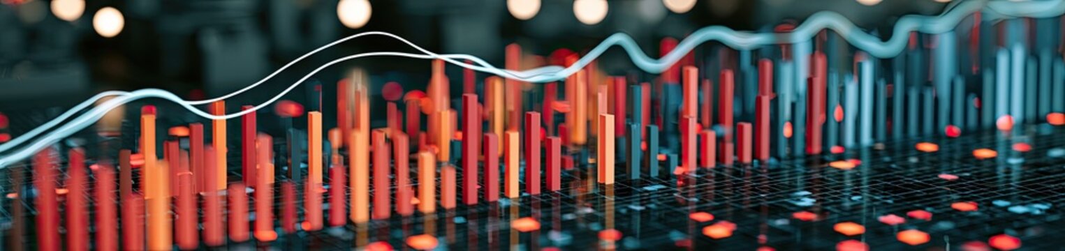 Abstract financial data visualization with glowing bars and line graphs