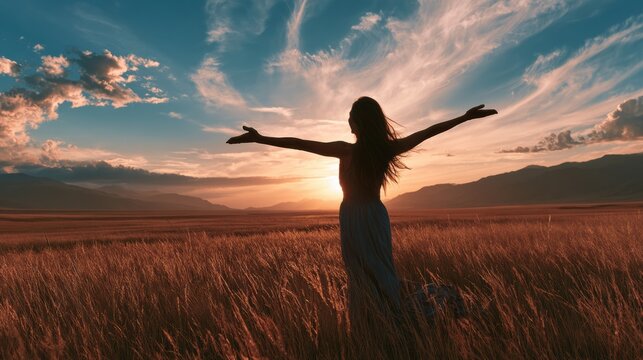 A silhouette of a mature female stands with arms open wide in a vast landscape during sunset, embracing a new chapter in life.