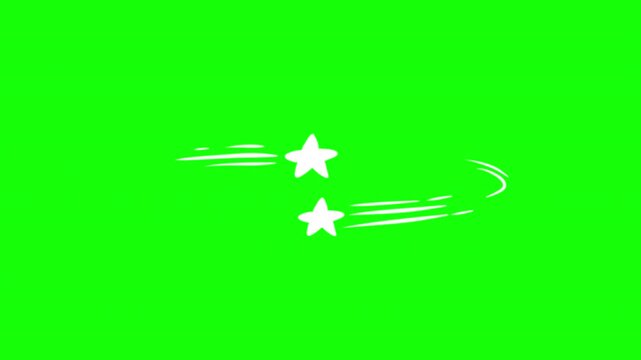 2D cartoon animation of two white stars flying fast with speed trails in curved path. Concept of quick movement, impact, dizziness, dynamic dash or astronomical spark