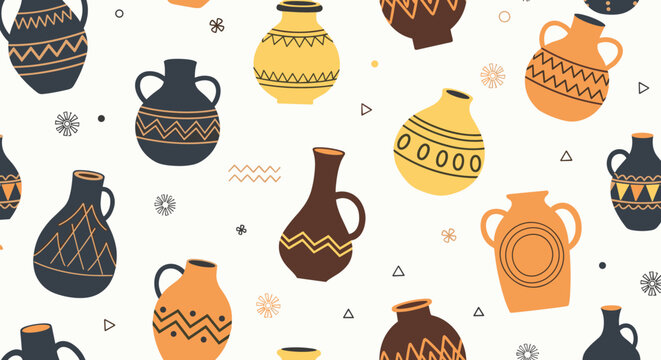 Seamless pattern of various decorated ancient greek and roman style ceramic vases and jars on a light background.