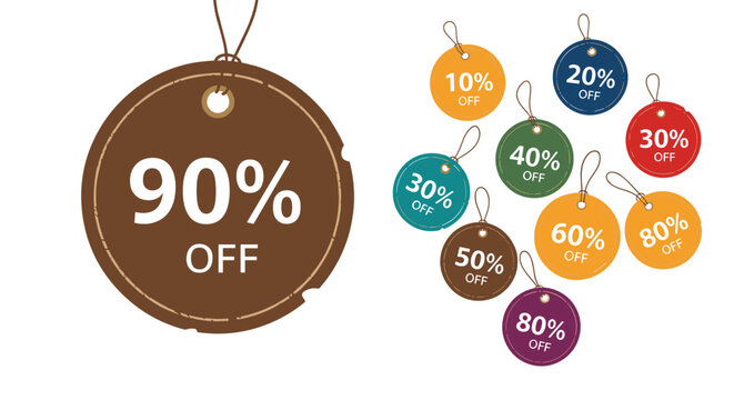 Collection of colorful discount price tag stickers showing various percentage off values from ten to ninety percent.