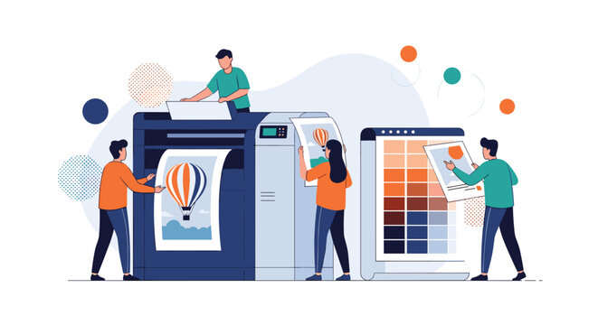 Professional printing house workers using large digital offset printer and checking color swatches for hot air balloons.