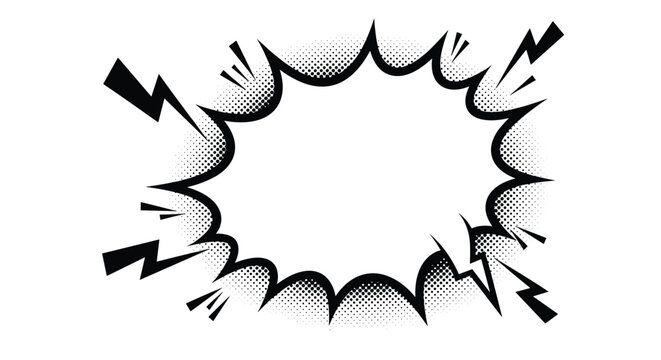Comic book style speech bubble explosion with halftone dots and lightning bolts for action and superhero designs.