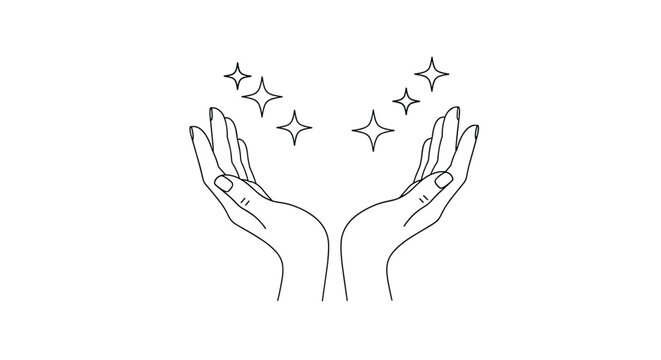 Outlined hands reaching upwards towards sparkling stars and magic dust representing hope dreams or spiritual energy.