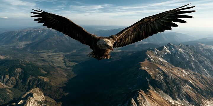 A bald eagle flying high over a mountain range landscape