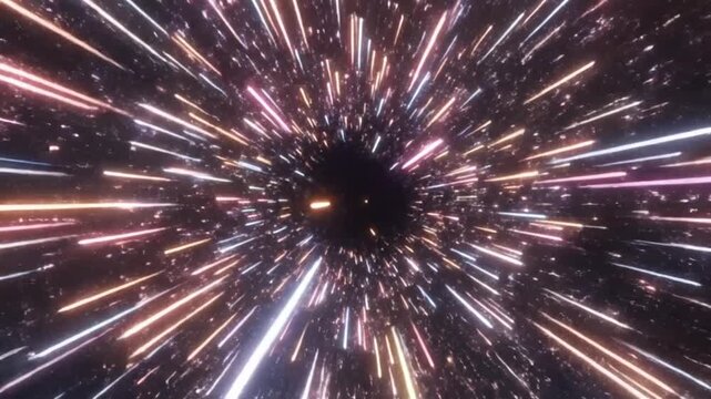 Abstract light streaks moving through a dark cosmic space tunnel