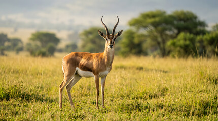 Naklejka premium Grant's Gazelle Standing Proud in African Savanna at Sunrise