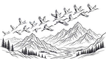 Flock of migrating birds flying over majestic mountain range © Windul