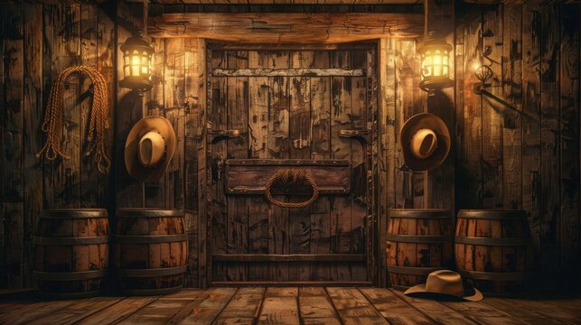 Vintage Cowboy Saloon Doors with Rustic Western Decor and Lantern Light
