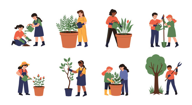 Diverse group of people engages in gardening activities like planting flowers watering shrubs and pruning trees in various outdoor scenes.