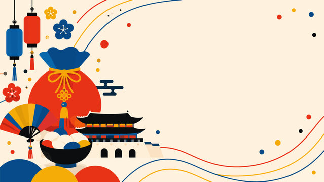 Korean Festival Elements: A vibrant graphic design featuring traditional Korean festival symbols like lanterns, a fortune bag, a temple, and a fan, set against a soft.