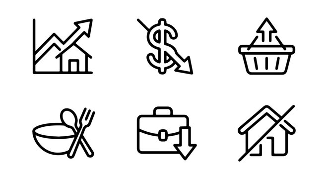 Business Icons: Growth, Finance, Sales, Food, Briefcase, Housing Market Trends