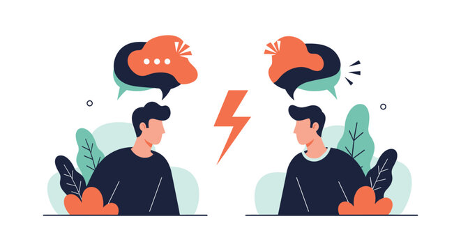 Two men engage in heated argument with lightning bolt symbol between them representing conflict disagreement and breakdown in contact.