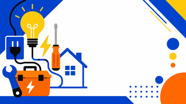 Electrician's Toolkit with Light Bulb and House Icon: A vibrant illustration depicting an electrician's essential tools, including a toolbox, wrench, screwdriver, and plug.