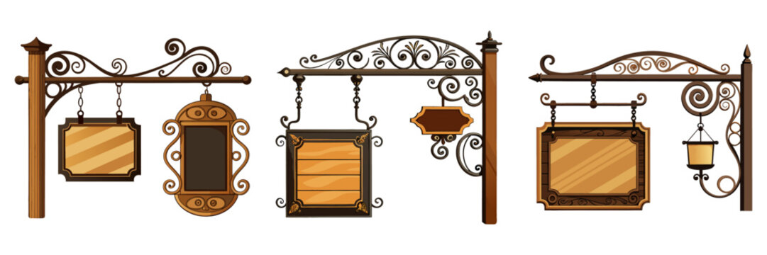 A beautiful collection of traditional wooden signboards suspended from ornate wrought iron brackets, featuring elegant hanging street lamps and rustic frames.