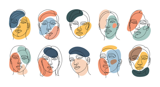 Artistic collection of minimalist female faces created with continuous black lines and colorful abstract paint blobs.