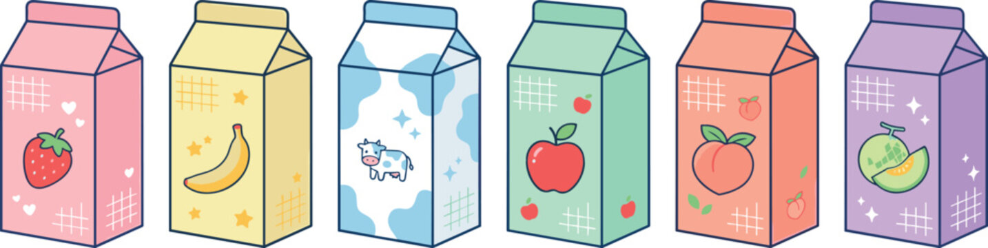 Cute flavored milk carton vector illustration collection featuring cartoon strawberry banana cow apple peach and melon juice boxes isolated on white