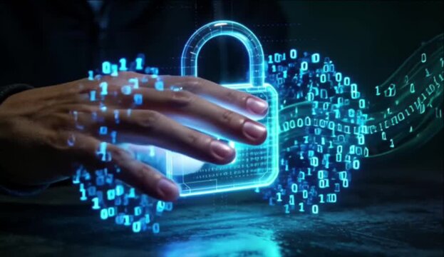 Cinematic cyber background hacker hand stops digital attack with glowing padlock lock keyhole interface data security visualization and cyber security hacker attack cinematic background digital lock