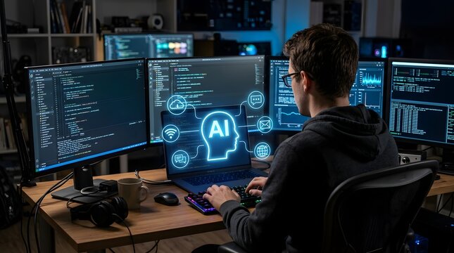 Software developer coding with artificial intelligence interface, programming and machine learning technology