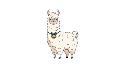 Fototapeta premium Adorable white fluffy llama character wearing a bell on its neck with a cute and friendly animal illustration style.