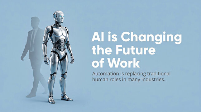 Futuristic humanoid robot standing with human shadow, AI is changing the future of work concept, automation replacing traditional human roles in business