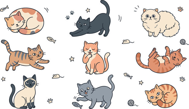 Cute cat vector illustration collection featuring cartoon kittens sleeping stretching playing rolling and different popular cat breeds isolated on white