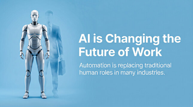 Artificial intelligence robot replacing human worker, automation changing future of work concept, humanoid cyborg and businessman shadow on blue background