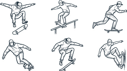 Skateboarder outline vector illustration collection featuring hand drawn sketch style black line art of skaters performing tricks isolated on white © MdMehedi