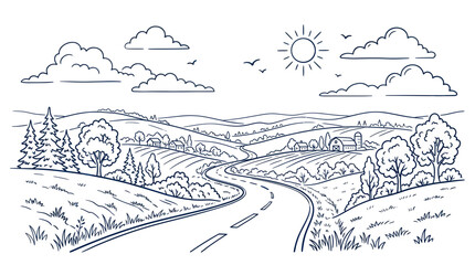 Winding road through scenic hills and rural farmland landscape © wowok