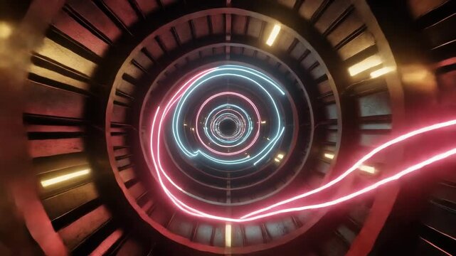 Abstract concentric light rings spinning on dark background