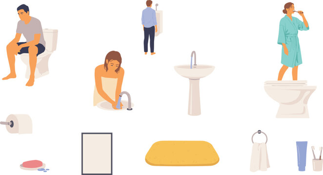 Bathroom Routine Vector Element Set with People Washing Hands, Brushing Teeth, Sitting on Toilet, Urinal, Sink, and Hygiene Products Illustration
