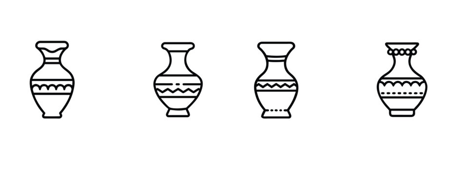 Ceramic vase pottery antique clay flowerpot urn jar web line icons set interior decoration craft artifact porcelain pattern  vector illustration with editable stroke