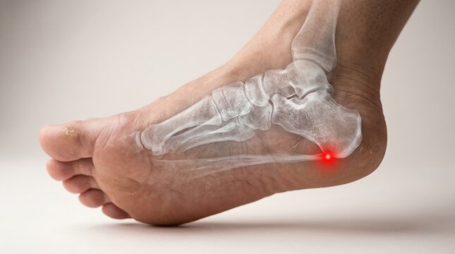 Human foot with X-ray overlay showing calcaneus bone and red spot indicating heel pain from plantar fasciitis or a heel spur