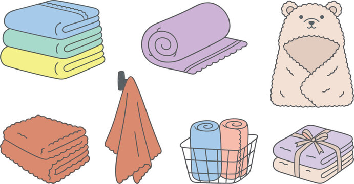 Cute baby towel vector illustration collection featuring cartoon hooded bear towel folded stacks rolled blankets and basket isolated on white