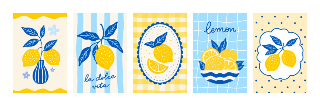 Lemon Mediterranean poster set Amalfi Capri coast style Italian citrus fruit print. Trendy yellow blue vertical card collection with vase bowl la dolce vita text vector
