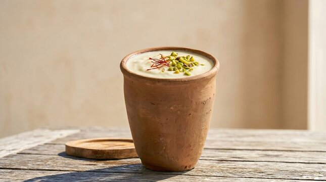 Traditional sweet lassi garnish with chopped pistachios and saffron strands in a kulhad clay cup on a wooden table