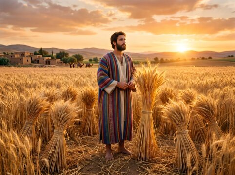 Joseph wearing a colorful robe standing in wheat field