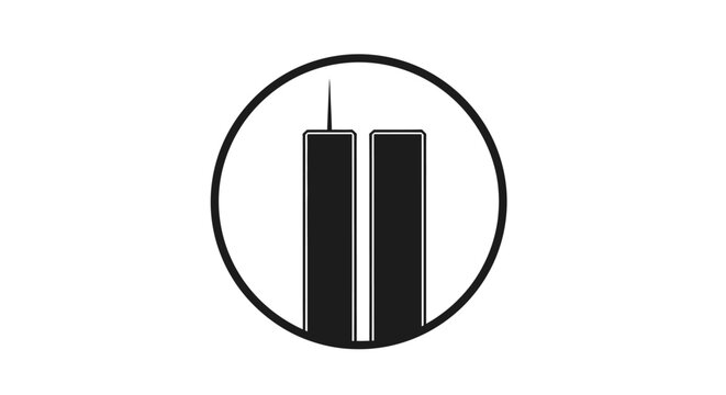 Minimalist graphic icon featuring the twin towers in a circular frame.