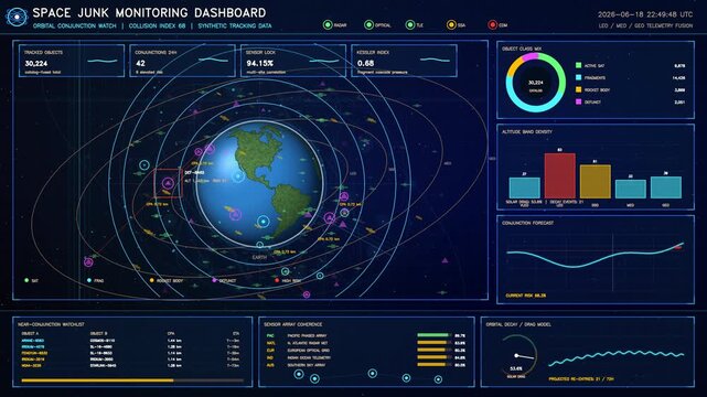 Space junk monitoring dashboard animation showing orbital debris and satellite tracking data around Earth