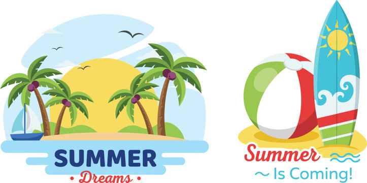 Summer beach vacation paradise with palm trees surfboard beach ball tropical vector illustration