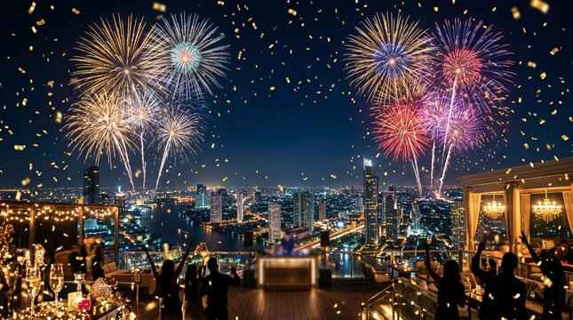 People celebrating new years eve on a rooftop bar with fireworks