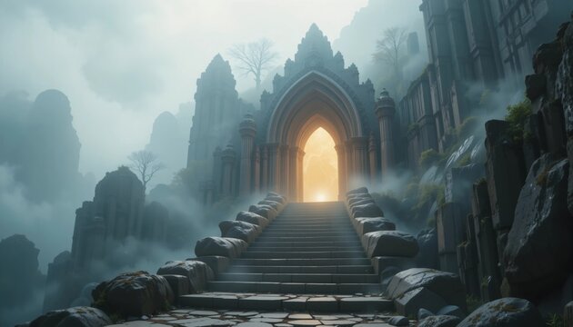 Misty Ancient Temple Gate with Stone Stairway