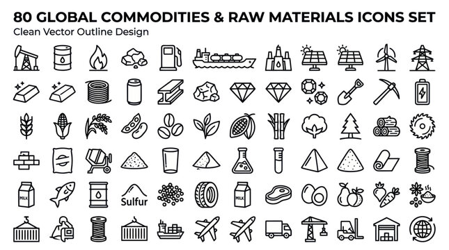 Global commodities and raw materials industry line icons.