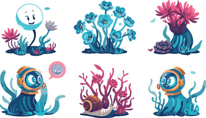 Cute alien underwater creature cartoon character set with deep sea diver monsters sea snail and bioluminescent plants vector illustration © Sreemotimadhobi