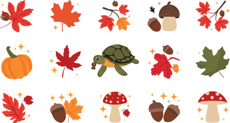  Cute autumn foliage icon set with red maple leaves acorns orange pumpkin mushrooms and a sea turtle vector illustration © Sreemotimadhobi