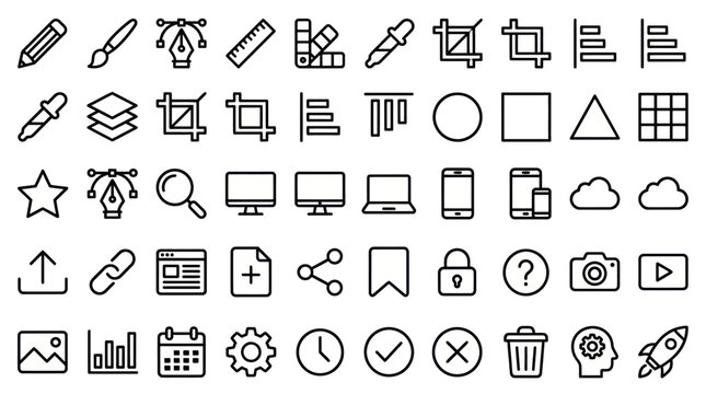 Graphic design tools and software interface outline icons.