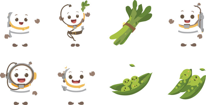 Cute astronaut scientist cartoon character set with happy little space explorers green pea pods and leek vector illustration isolated